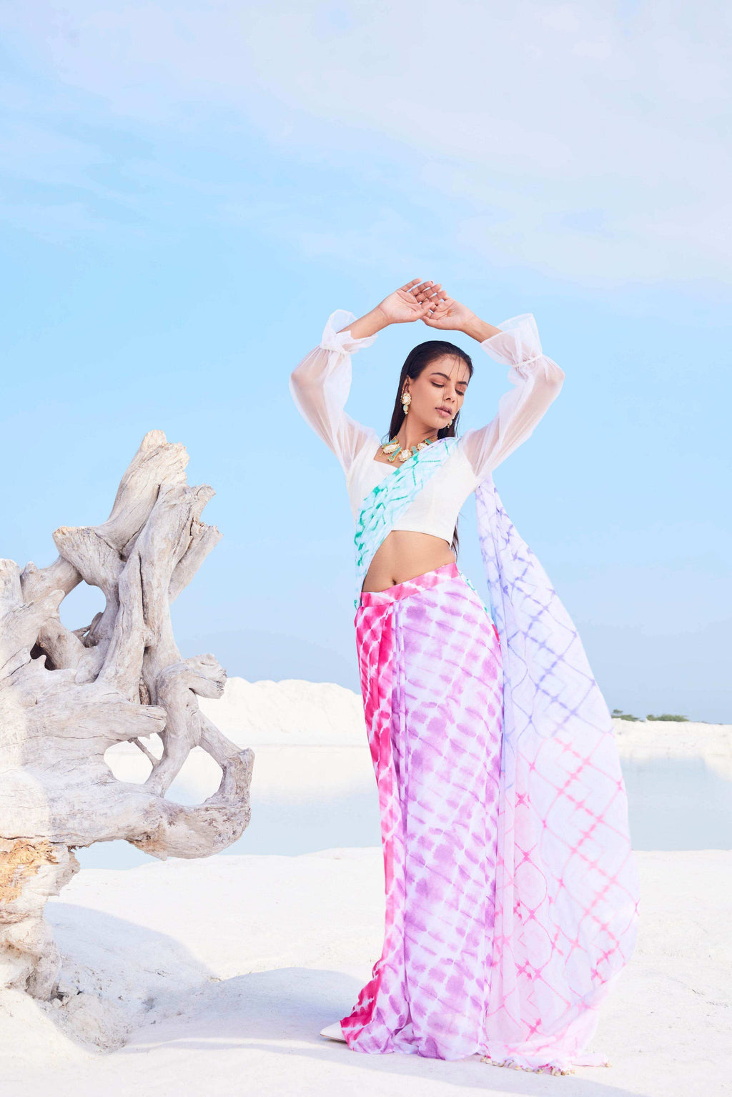 CELESTIA SAREE & FULL SLEEVE BLOUSE (WHITE) - MULTICOLOR - Monk & Mei