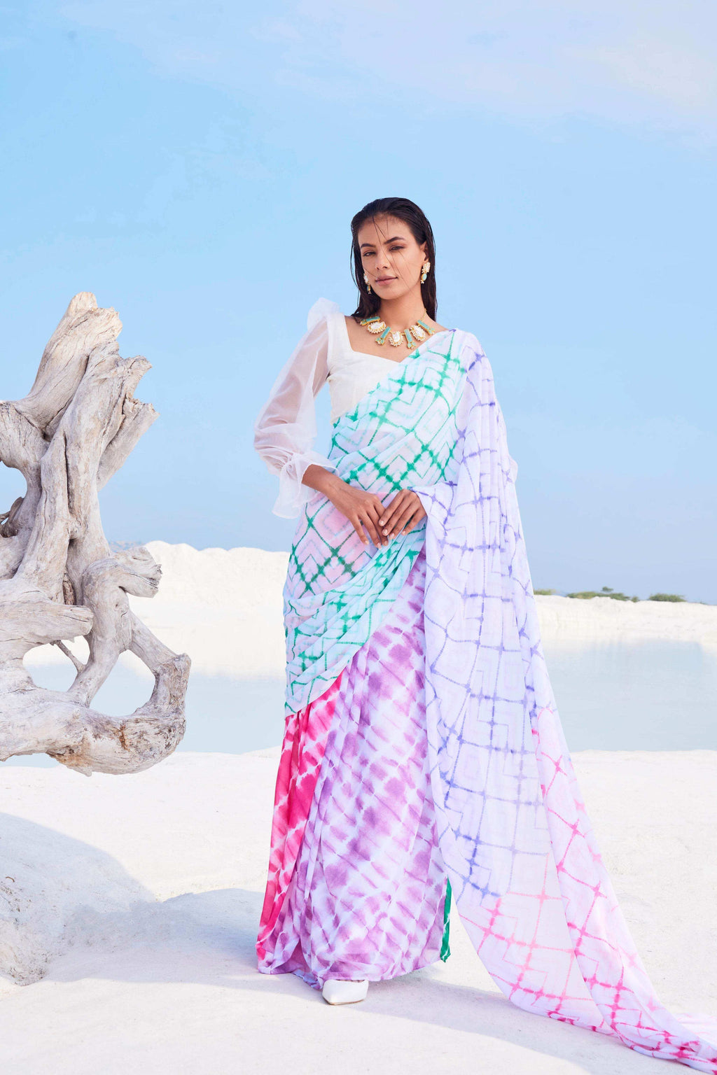CELESTIA SAREE & FULL SLEEVE BLOUSE (WHITE) - MULTICOLOR - Monk & Mei