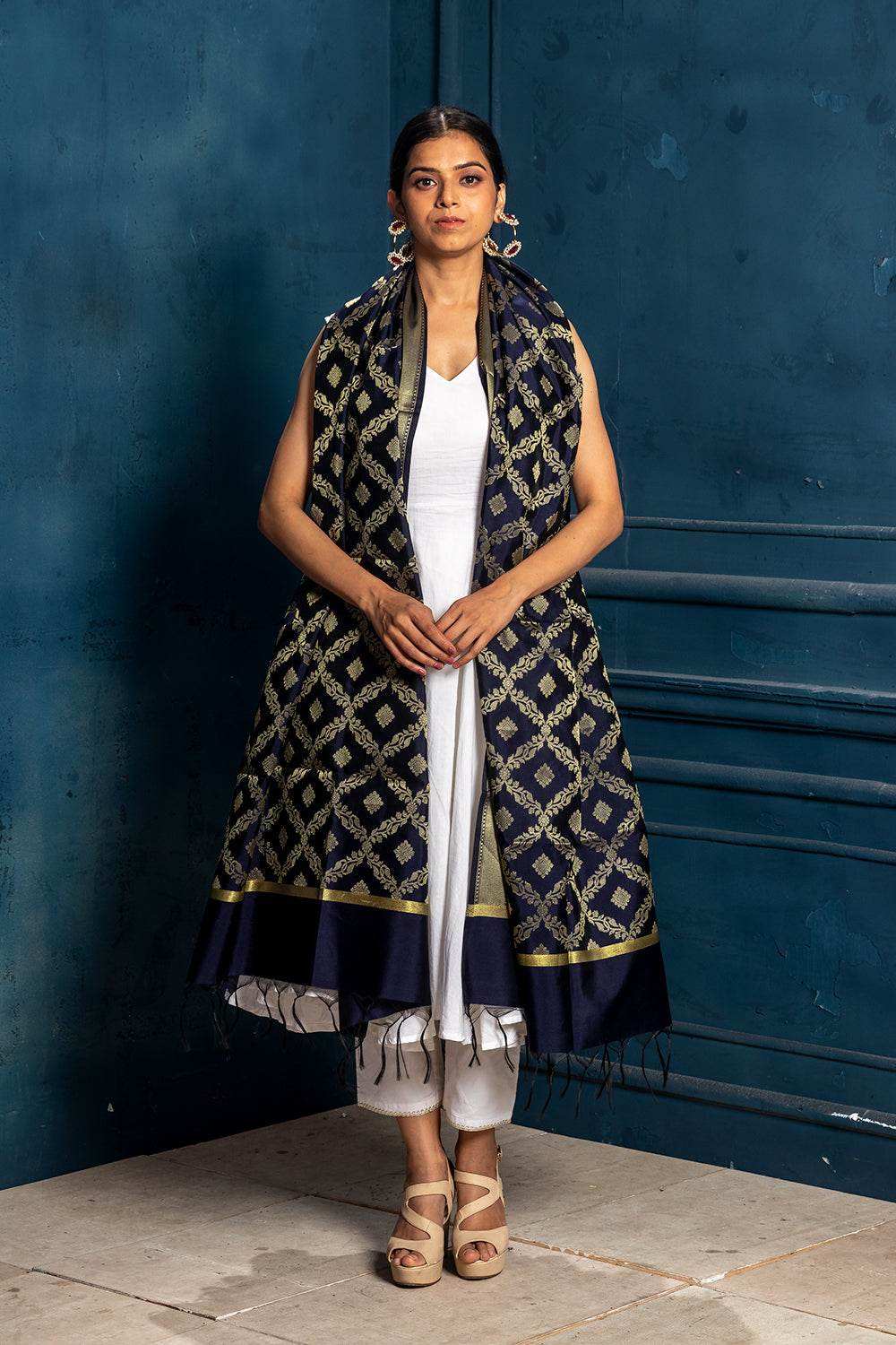 Brocade Benarasi Dupatta - Blue - Monk & Mei