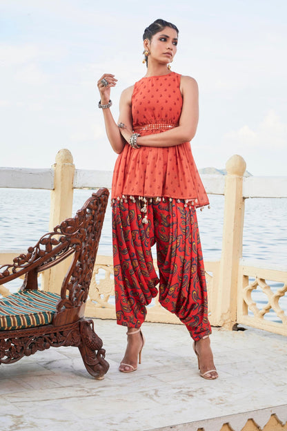Paheli Top & Dhoti with Embroidered Belt - Rusty Red