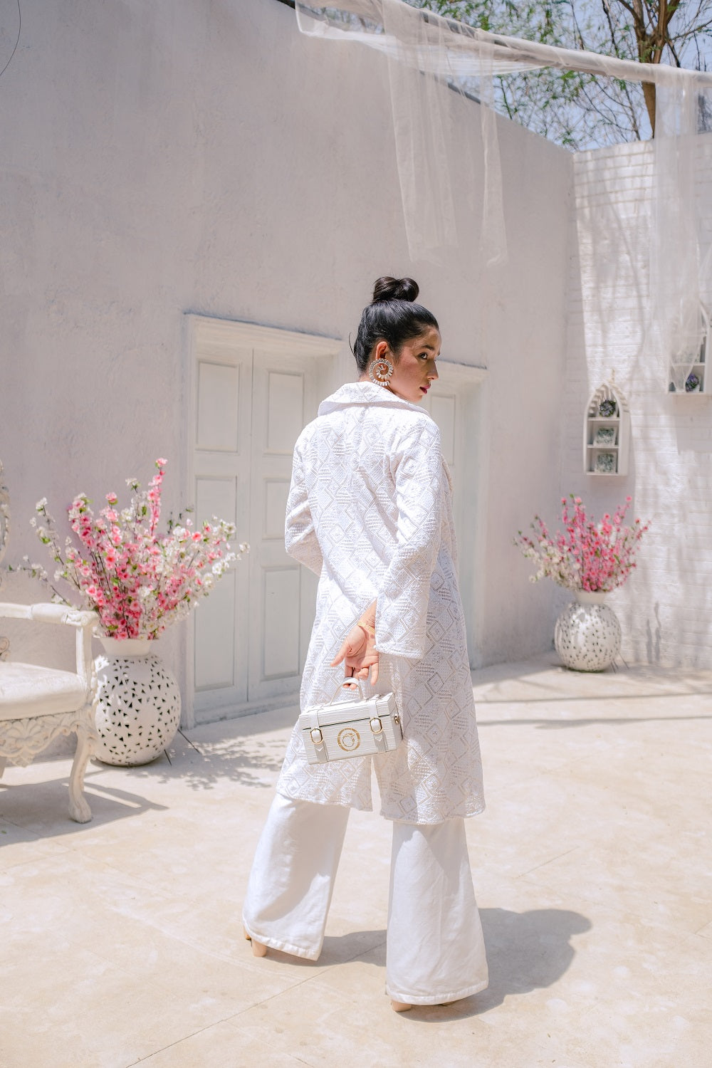 Inayat Chikankari Top, Pants & Jacket- White