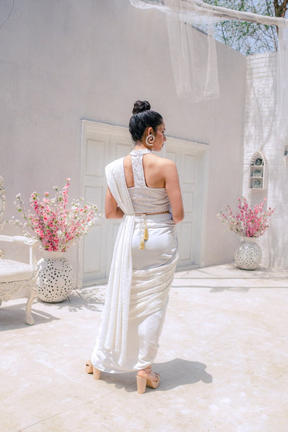 Karishma Chikankari Dhoti Saree, Blouse & Belt - White