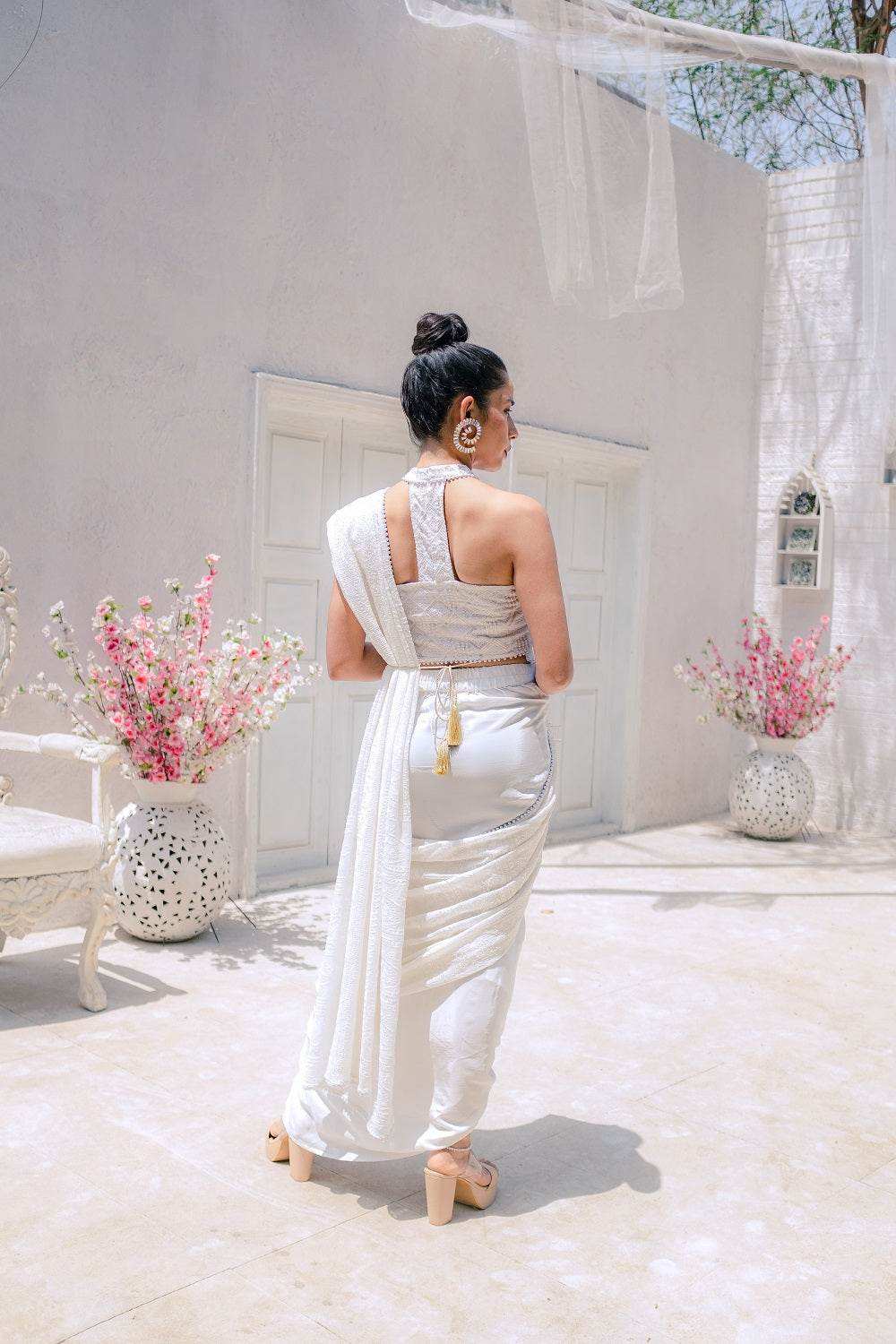 Karishma Chikankari Dhoti Saree, Blouse & Belt - White - Monk & Mei