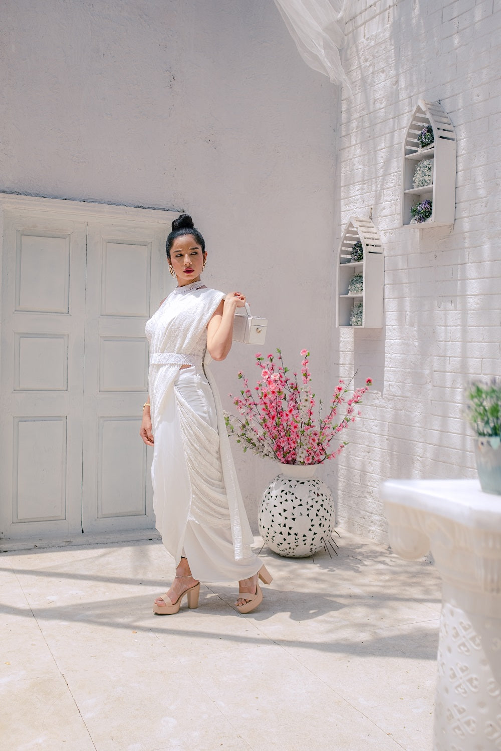 Karishma Chikankari Dhoti Saree, Blouse & Belt - White
