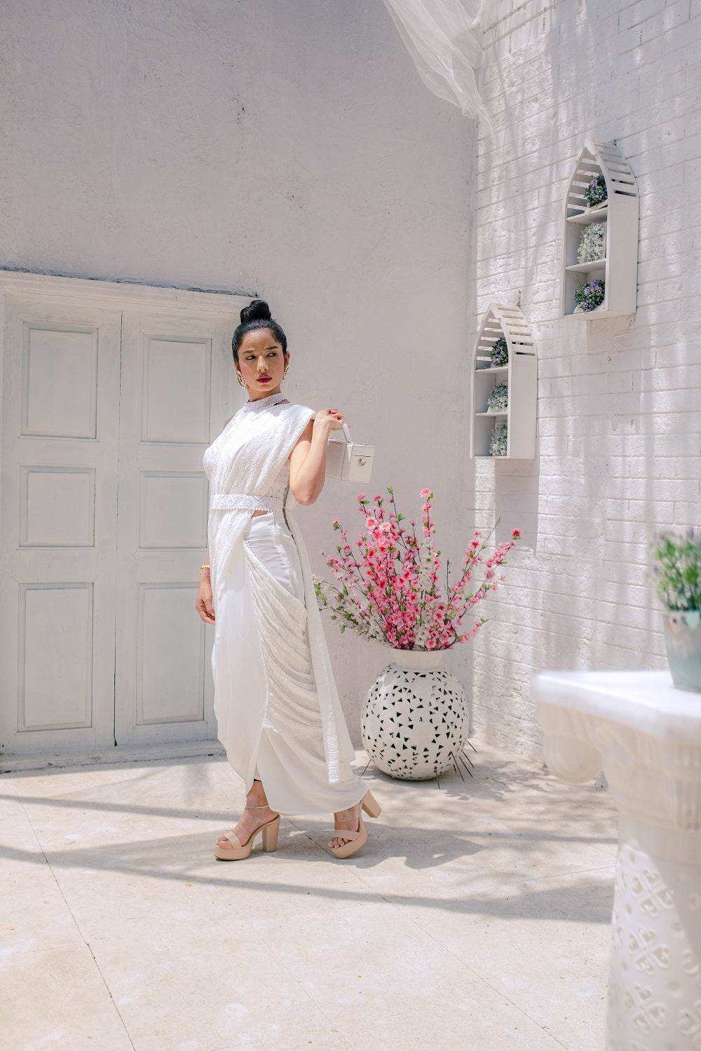 Karishma Chikankari Dhoti Saree, Blouse & Belt - White - Monk & Mei