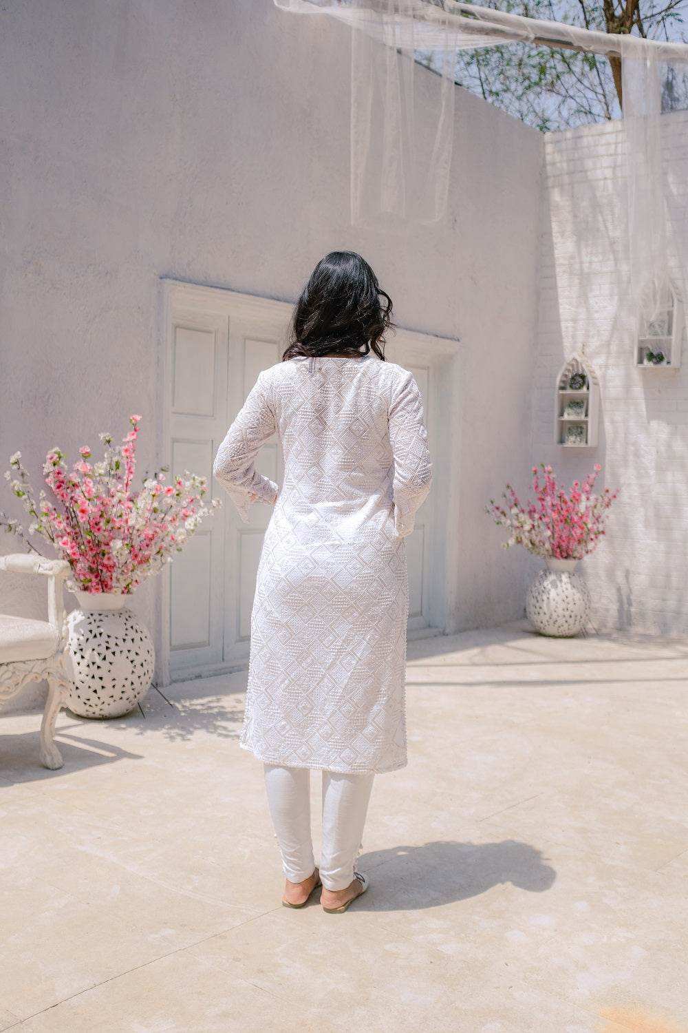 Malak Straight Chikankari Kurta, Pants & Dupatta - White - Monk & Mei