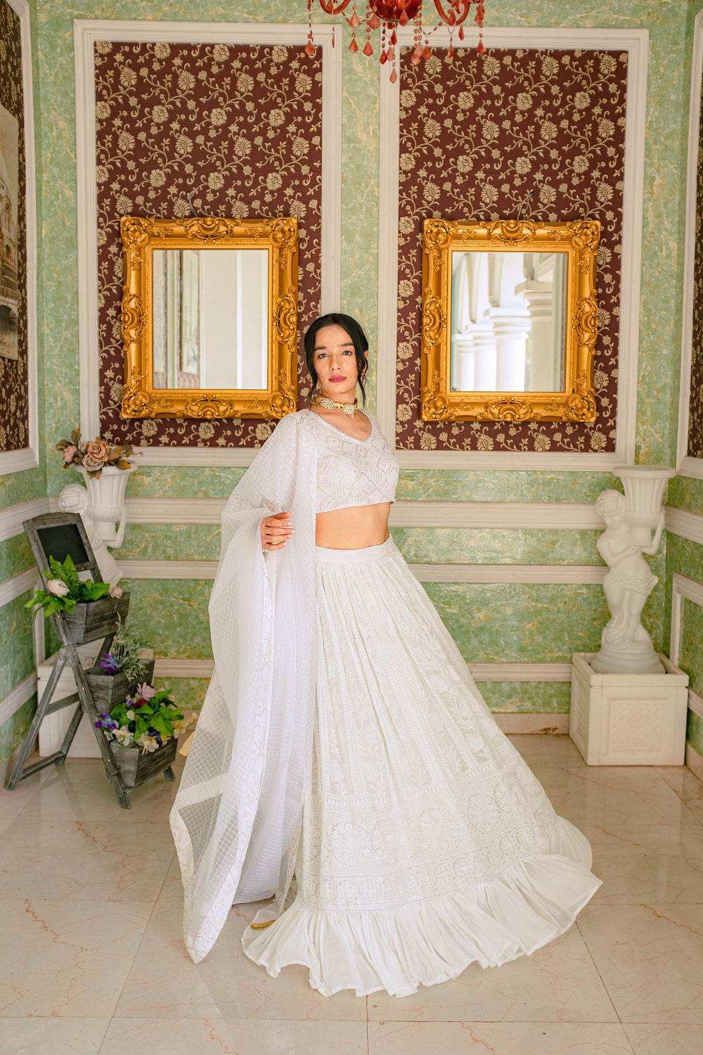 Masoom Chikankari Lehenga, Blouse & Dupatta - White - Monk & Mei