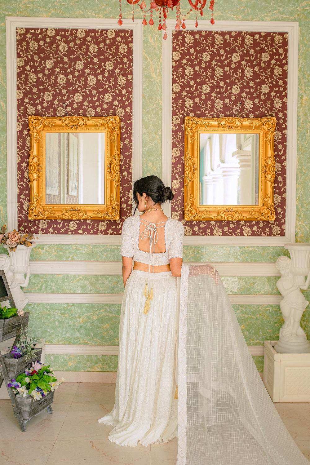 Masoom Chikankari Lehenga, Blouse & Dupatta - White - Monk & Mei