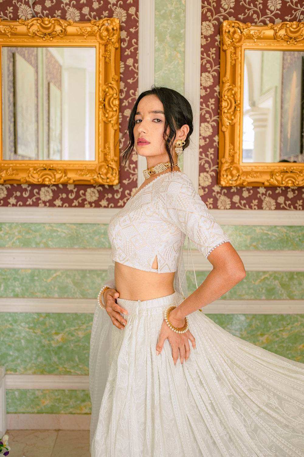 Masoom Chikankari Lehenga, Blouse & Dupatta - White - Monk & Mei