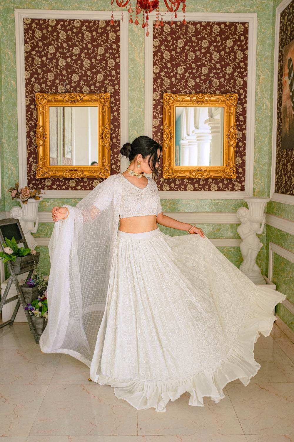 Masoom Chikankari Lehenga, Blouse & Dupatta - White - Monk & Mei