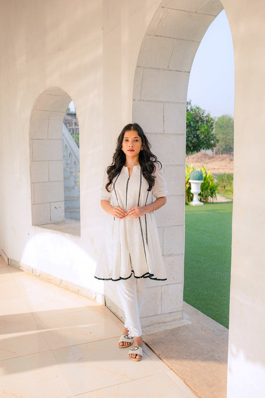 Mumtaz Chikankari Anarkali Kurta/ Dress & pants - White