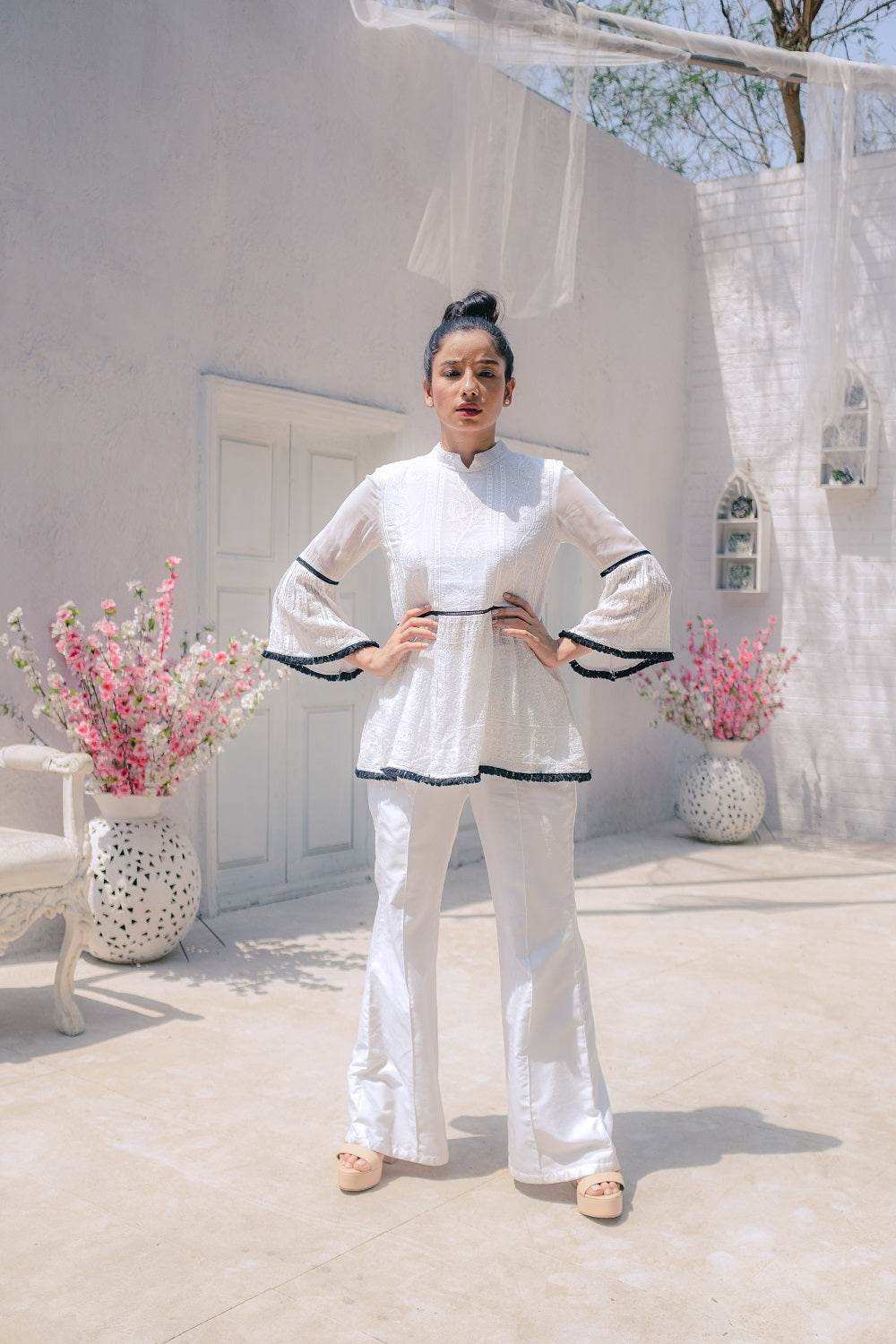 Nazm Flared Chikankari Top & Pants - White - Monk & Mei