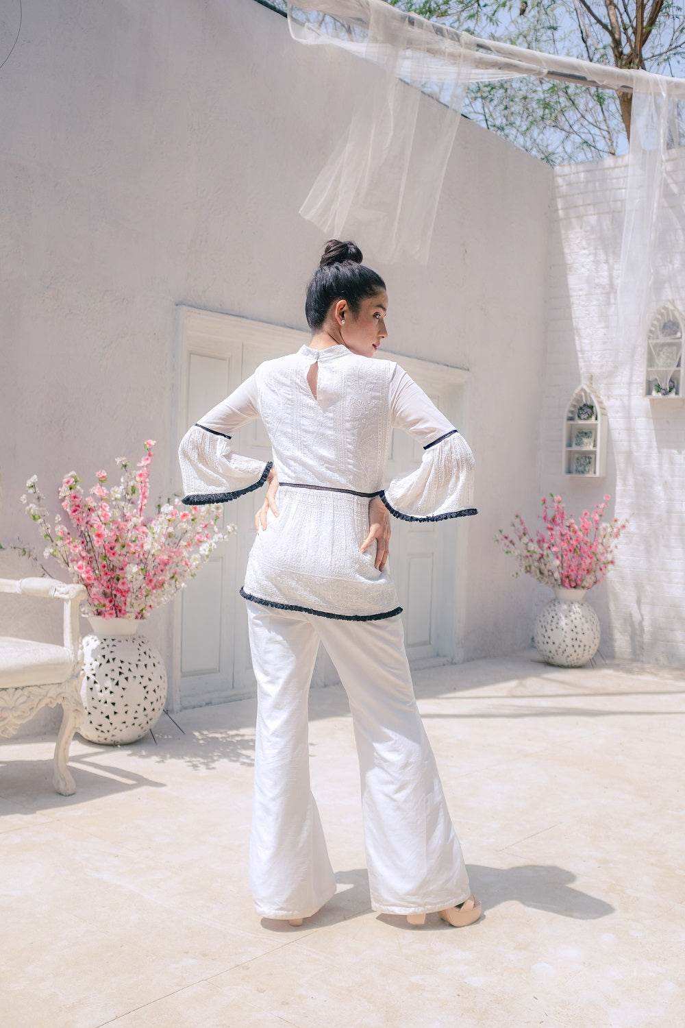 Nazm Flared Chikankari Top & Pants - White - Monk & Mei