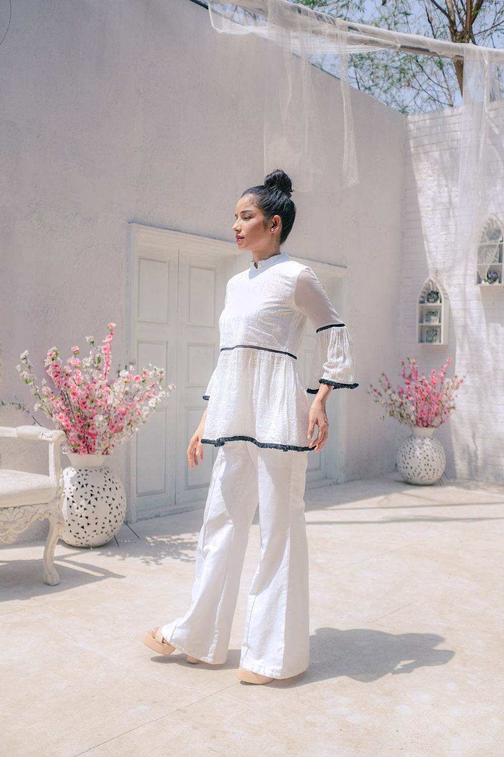 Nazm Flared Chikankari Top & Pants - White - Monk & Mei