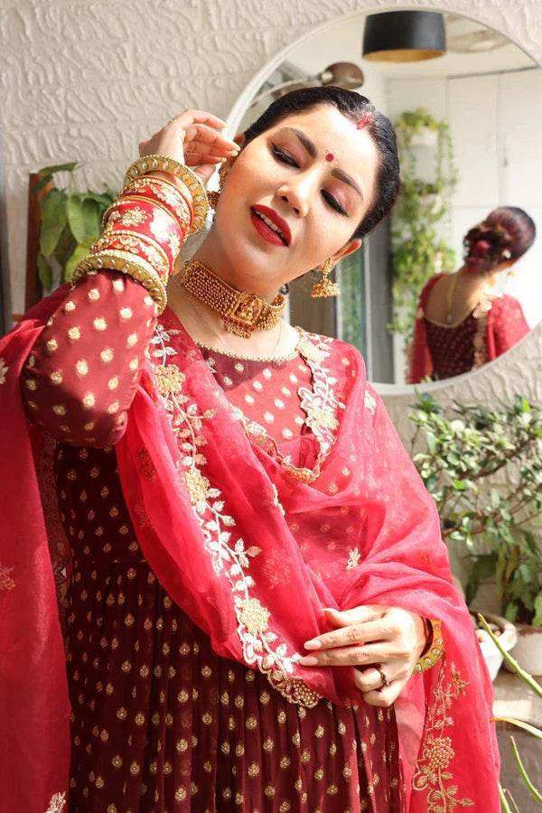 Reah-Anarkali with Organza Embroidered Dupatta - Maroon - Monk & Mei