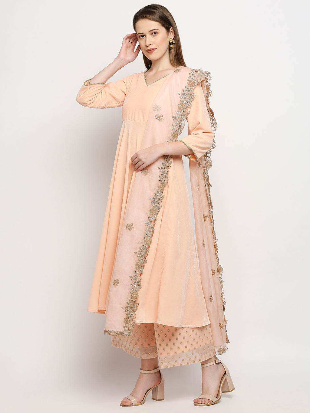 Zareen-Long kurta & palazzo with dupatta - Peach Pink - Monk & Mei