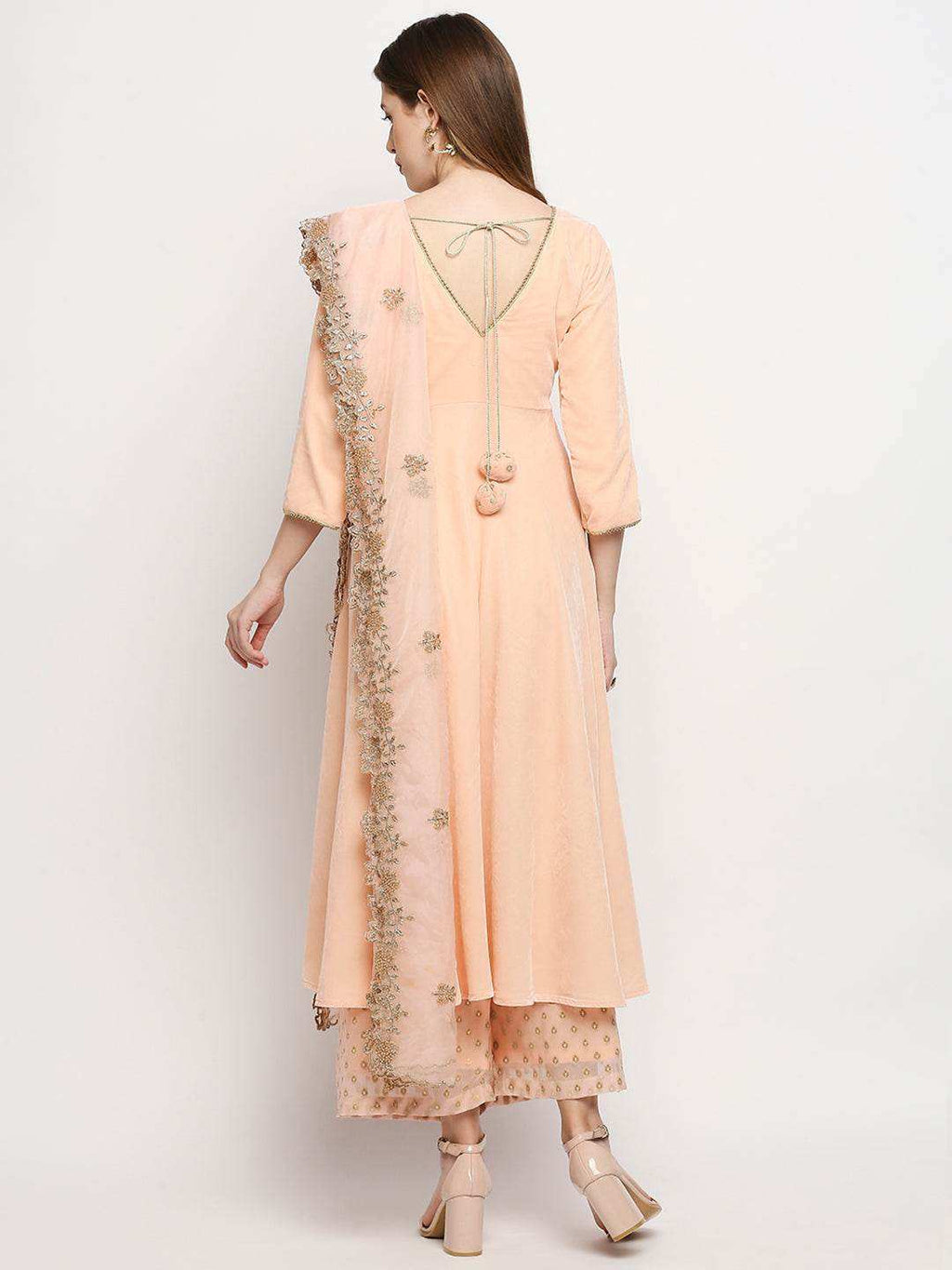 Zareen-Long kurta & palazzo with dupatta - Peach Pink - Monk & Mei