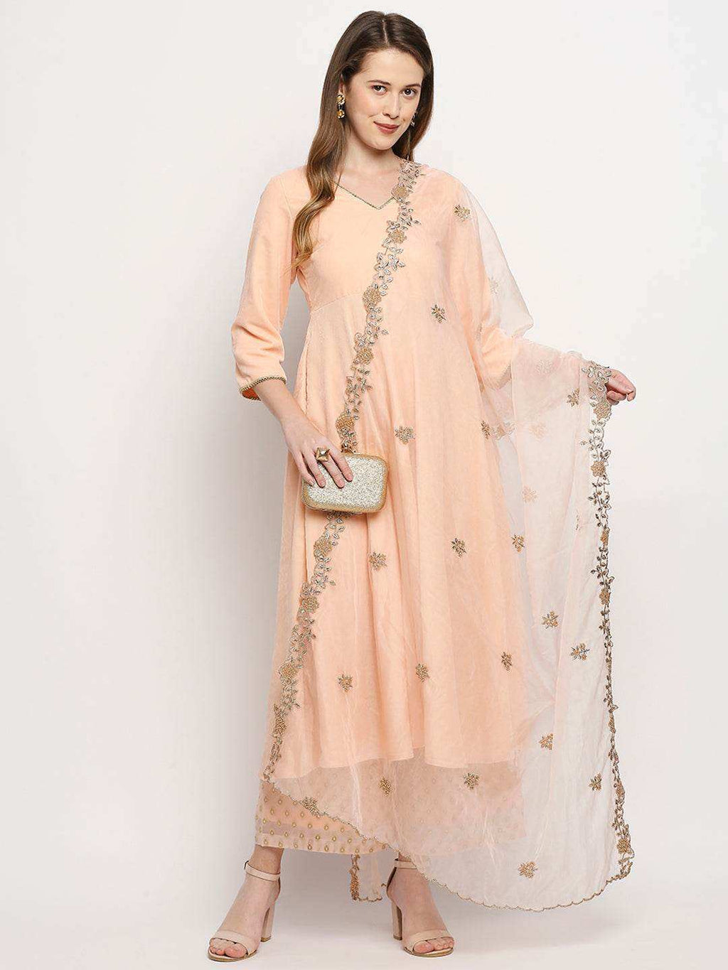 Zareen-Long kurta & palazzo with dupatta - Peach Pink - Monk & Mei