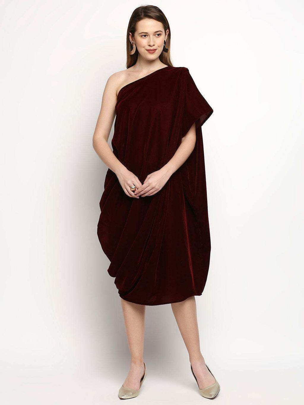 Shakira-Dress with Belt - Maroon - Monk & Mei