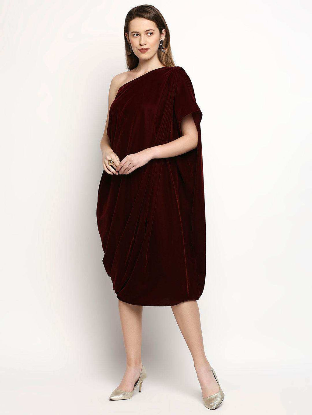 Shakira-Dress with Belt - Maroon - Monk & Mei