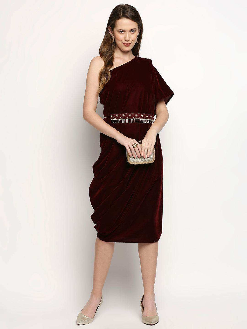 Shakira-Dress with Belt - Maroon - Monk & Mei