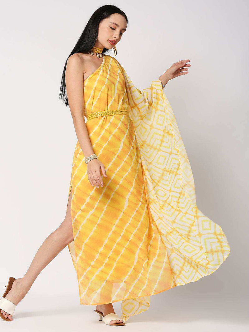 Habibi one-shoulder Kaftan with belt - Yellow