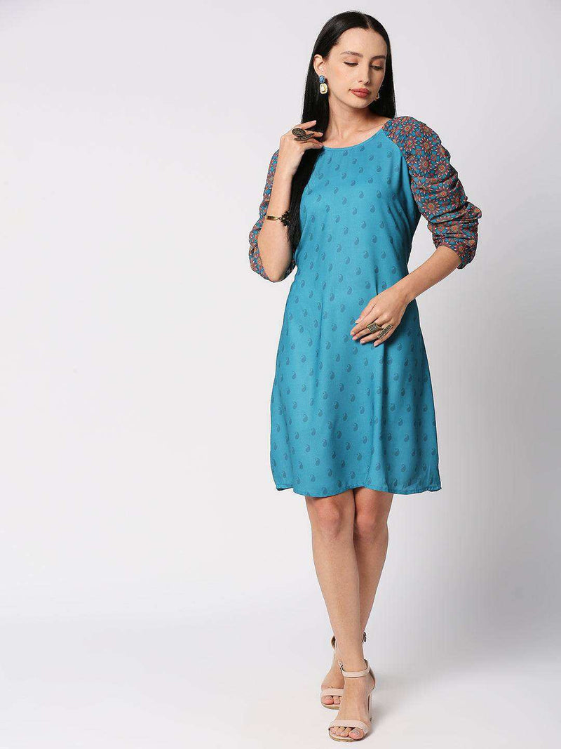 Rabiah straight dress with puffed raglan sleeves - Blue