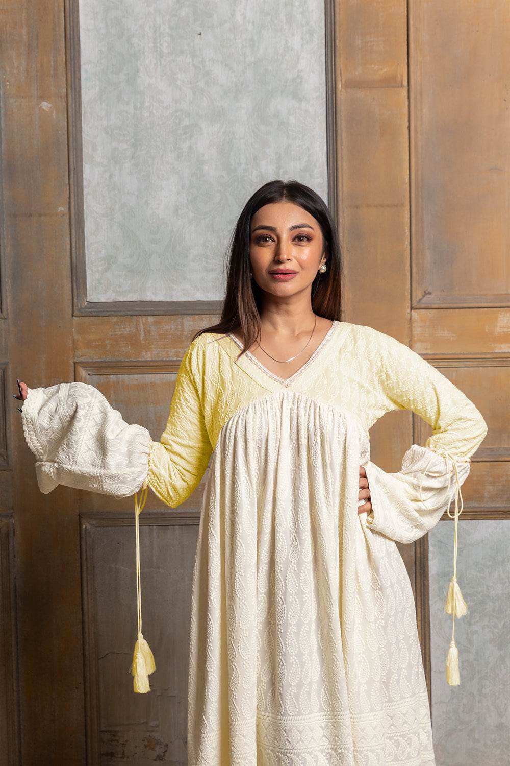 Sayonee- Embroidered dress - Yellow - Monk & Mei