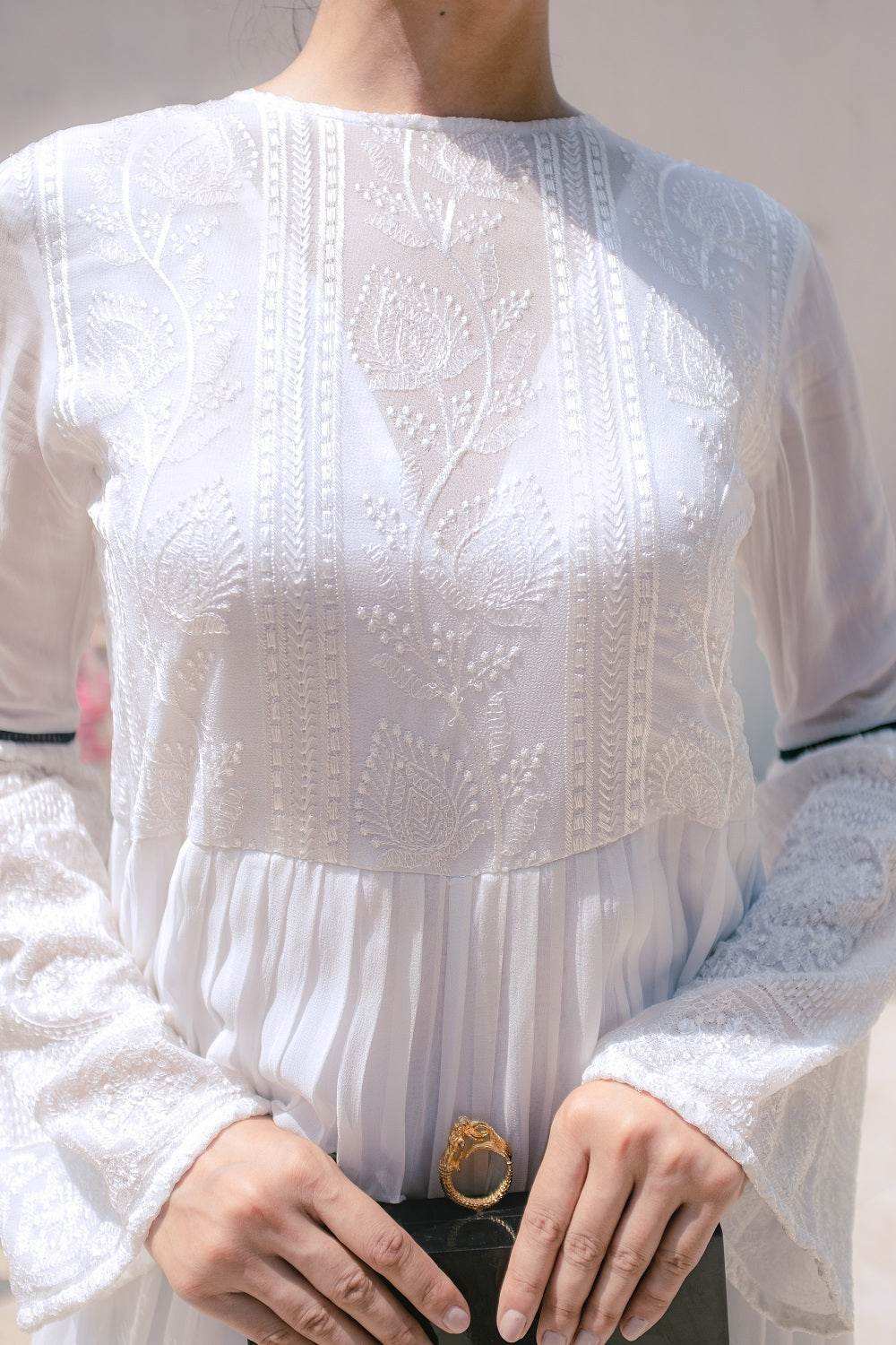Salma Chikankari Jumpsuit - White - Monk & Mei
