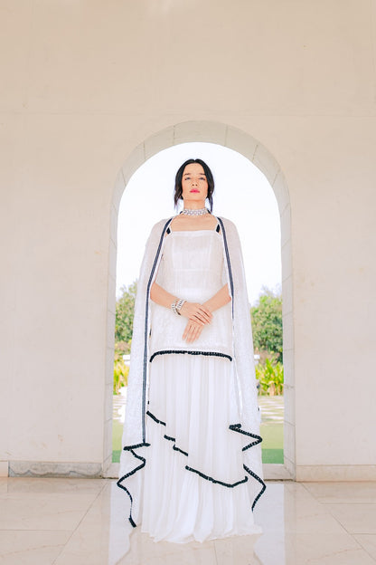 Sharmila Chikankari Kurta, Lehenga Skirt & Dupatta - White