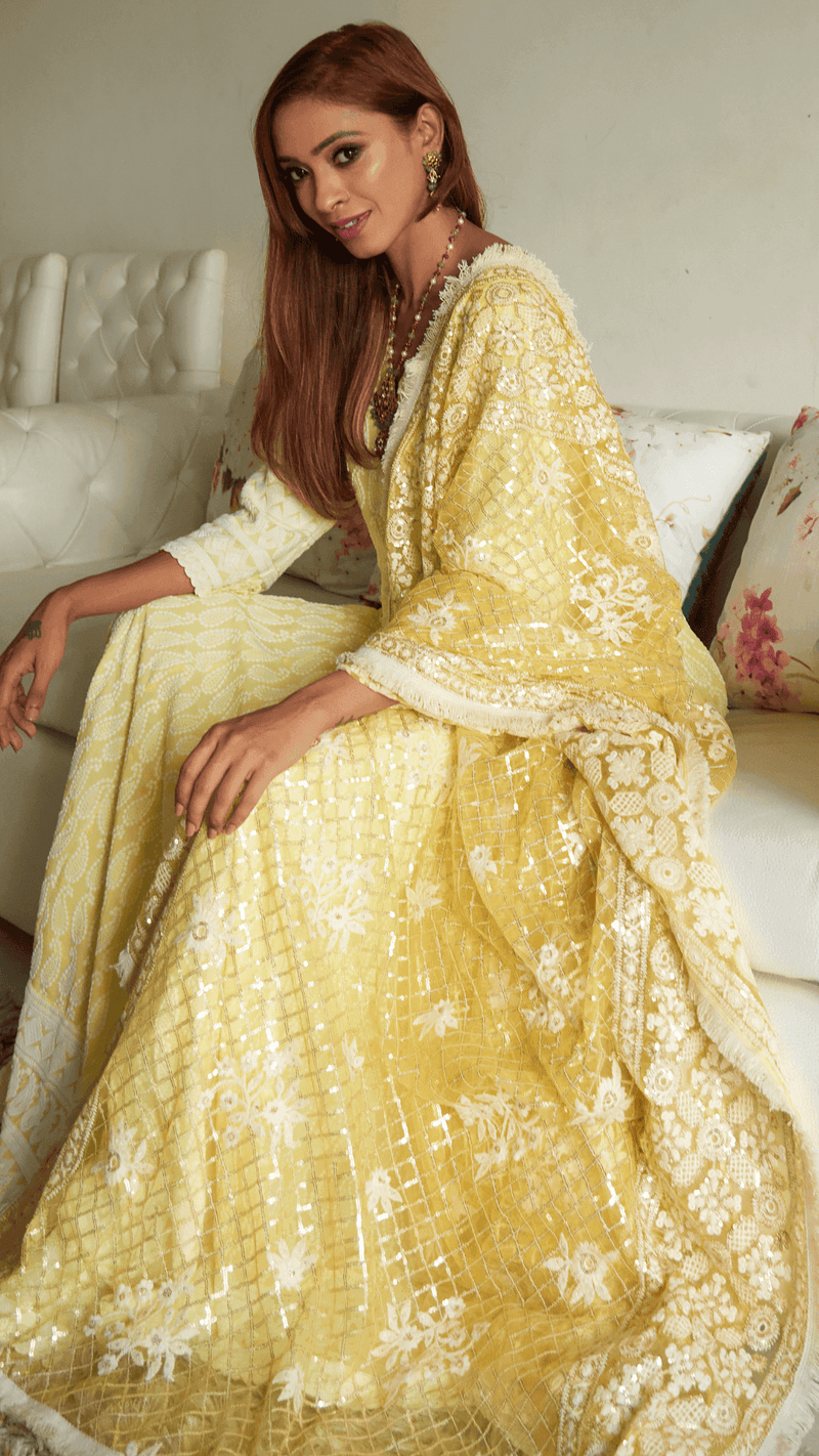 Zari Embroidered Jaal Dupatta - Yellow