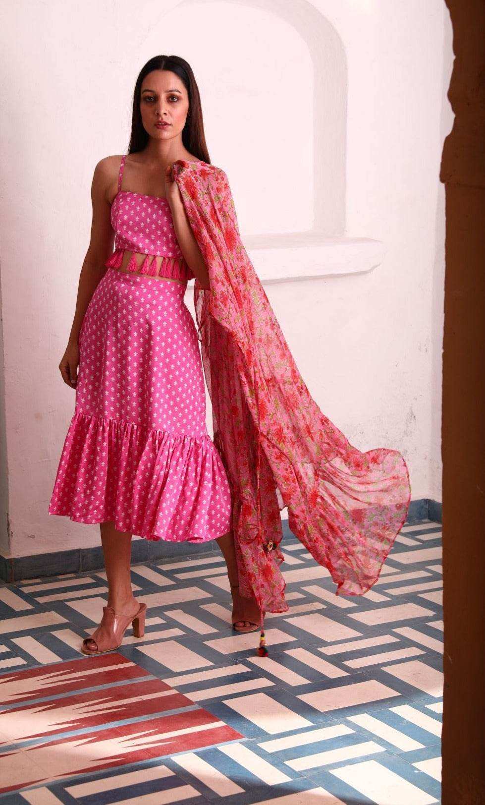 Geet Bustier-Skirt-Cape - Pink - Monk & Mei